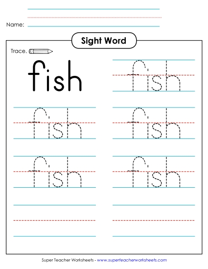 Trace the Word: Fish Sight Words Individual Worksheet