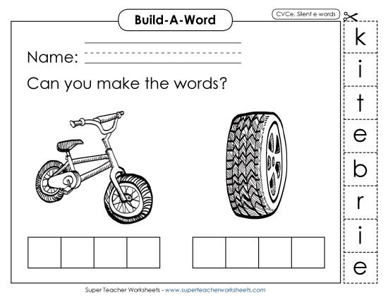 Build-a-Word: Bike and Tire Phonics Silent E Worksheet