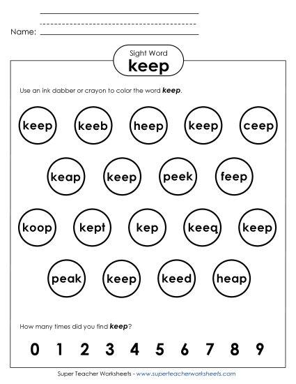 Dab or Color: Keep Sight Words Individual Worksheet