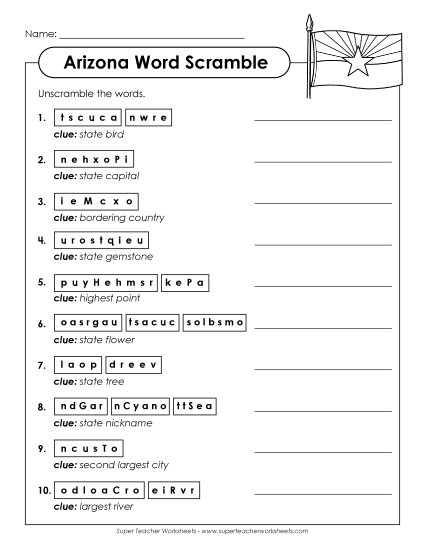 Word Scramble States Individual Worksheet