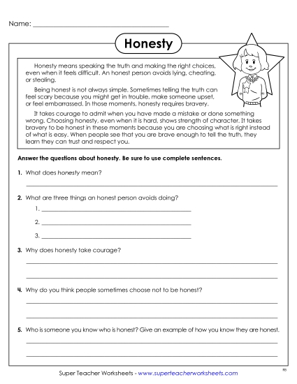 New Honesty Reading & Reflection Worksheet