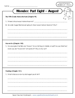 Questions for Part 8 Book Wonder Worksheet
