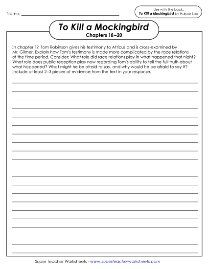 New Writing Prompt: Tom Robinson's Testimony Worksheet