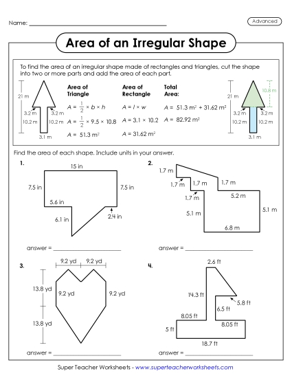 New Area of an Irregular Shape Practice<br>Rectangles and Triangles Worksheet