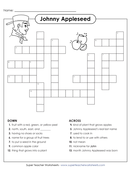 New Johnny Appleseed Crossword Worksheet
