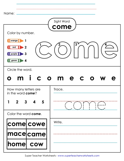 Come (Sight Word) Sight Words Individual Worksheet