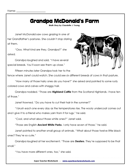 Math Story - Grandpa\'s Cows Word Problems Worksheet