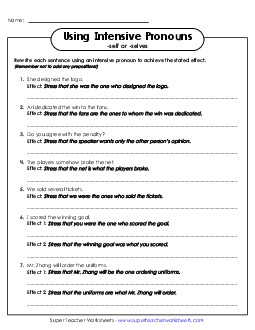 New Using Intensive Pronouns Worksheet
