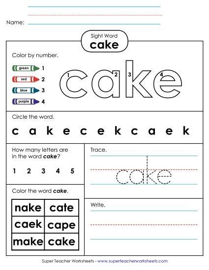Cake (Sight Word) Sight Words Individual Worksheet