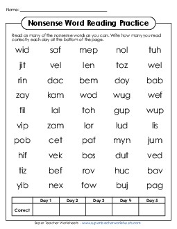 Nonsense Words Reading Practice Worksheet