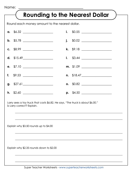 Money - Rounding to the Nearest Dollar Worksheet