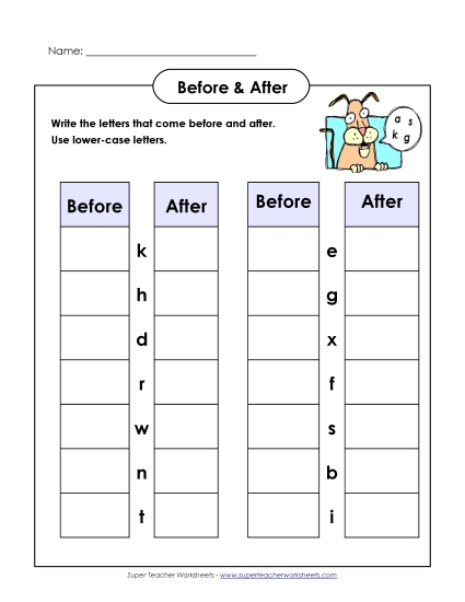 Before and After (Lower-Case) Alphabetical Order Worksheet