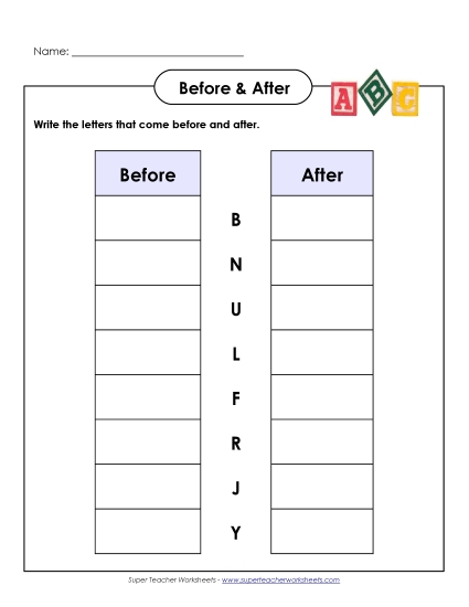 Before and After (Upper-Case) Alphabetical Order Worksheet