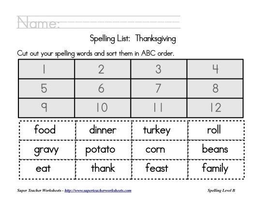 Preview image for Grade 2 - Thanksgiving Spelling, ABC Order