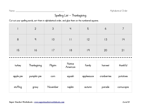 Preview image for Grade 4 - Thanksgiving Spelling - ABC Order