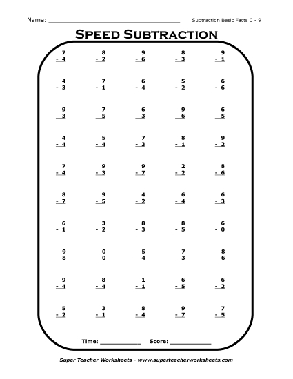 Preview image for Speed Subtraction Basic Facts (0 - 9)