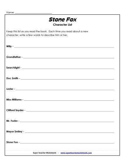 Stone Fox Character List Books Worksheet