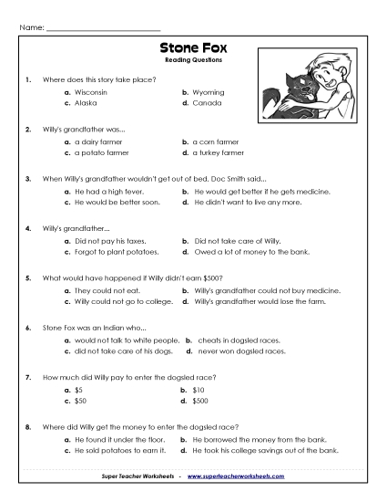 Stone Fox Comprehension Questions Books Worksheet