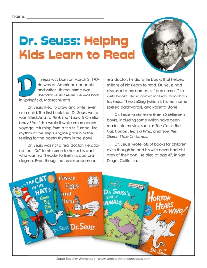 Dr. Seuss Biography Free 4th Grade Reading Comprehension Worksheet