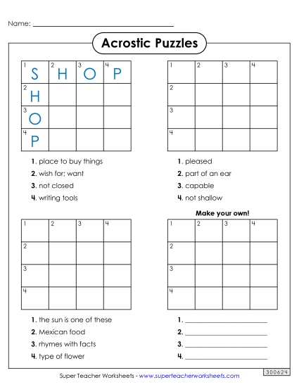 More Acrostic Squares (Easy) Brainteasers Worksheet