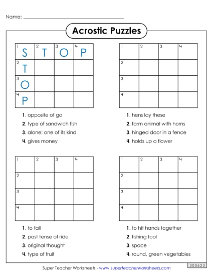 Acrostic Squares (Easy) Brainteasers Worksheet