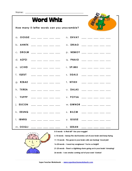 5-Letter Word Whiz (Medium Difficulty) Brainteasers Worksheet
