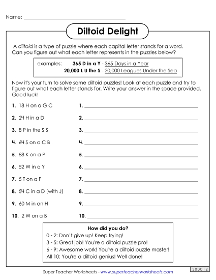 Diltoid Puzzles: Number-Letter Teasers Brainteasers Worksheet