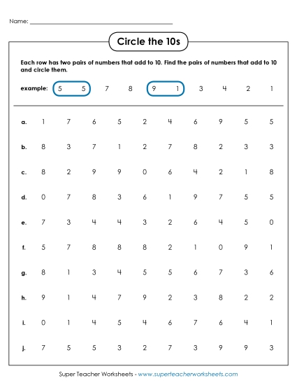 Circle the 10s (Easy) Brainteasers Worksheet
