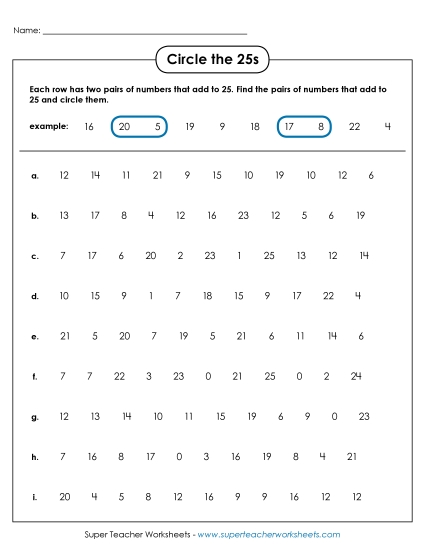 Circle the 25s (Medium) Brainteasers Worksheet