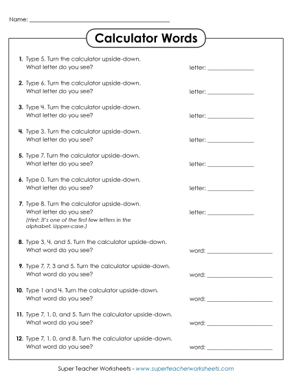 Calculator Words Brainteasers Worksheet