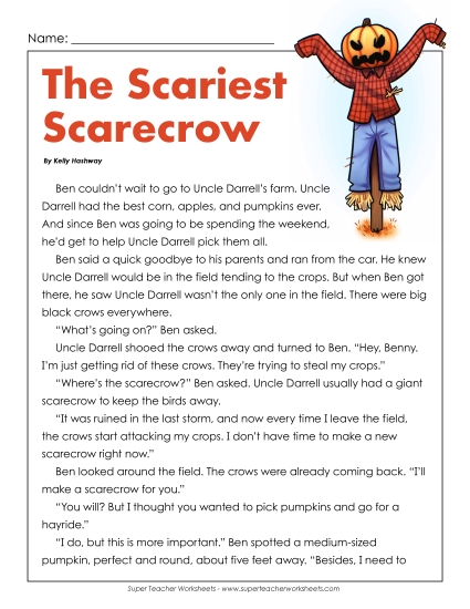 Scariest Scarecrow  3rd Grade Reading Comprehension Worksheet