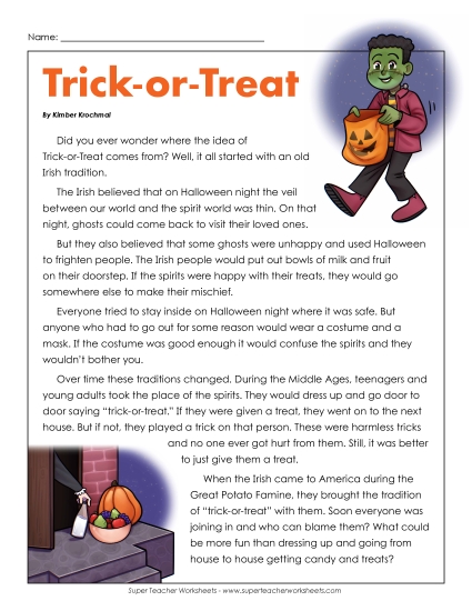 Trick-or-Treat  Reading Comprehension Worksheet