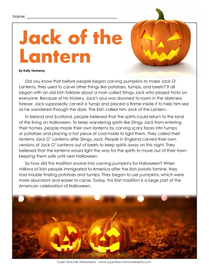 Jack of the Lantern  Reading Comprehension Worksheet