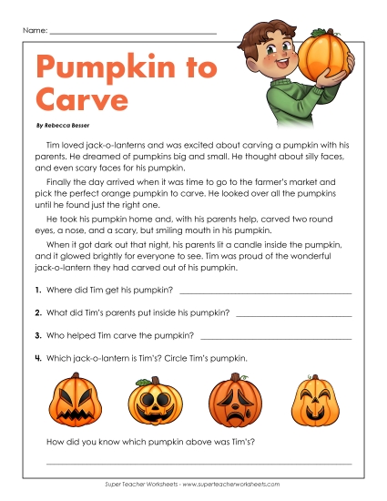 Tim's Pumpkin  Reading Comprehension Worksheet