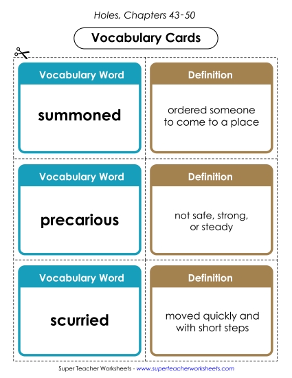 Vocab. Cards for Chapters 43-50 Book Holes Worksheet