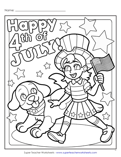 New Happy 4th of July<br>Girl & Dog Worksheet