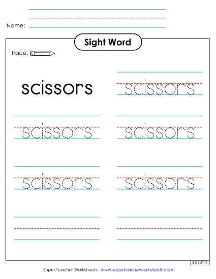 Trace the Word: Scissors Sight Words Individual Worksheet