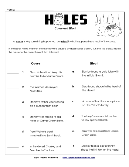 Cause and Effect Book Holes Worksheet