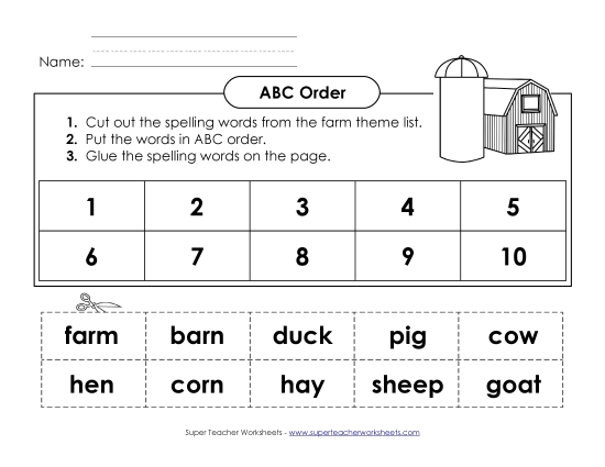 ABC Order: Cut and Glue (A-Farm Words)  Spelling A Worksheet