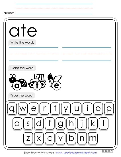Write, Color, Type: Ate Sight Words Individual Worksheet