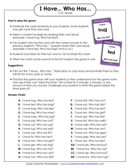 New I Have...Who Has: CVC Words Worksheet