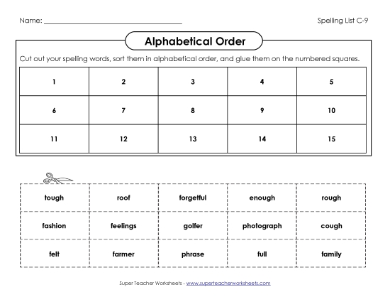 ABC Order: Cut & Glue (C-9) Spelling C Worksheet