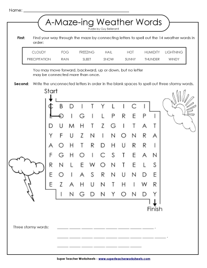 Word-Maze Puzzle: Weather Words A Maze Ing Worksheet