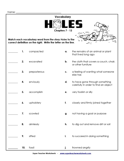 Vocab for Chapters 7-13 Book Holes Worksheet