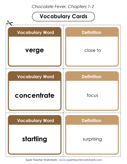 Vocabulary Cards for Chapters 1-2 Book Chocolate Fever Worksheet