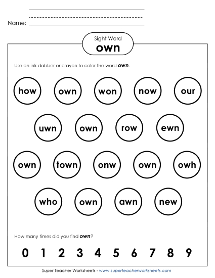 Dab or Color: Own Sight Words Individual Worksheet