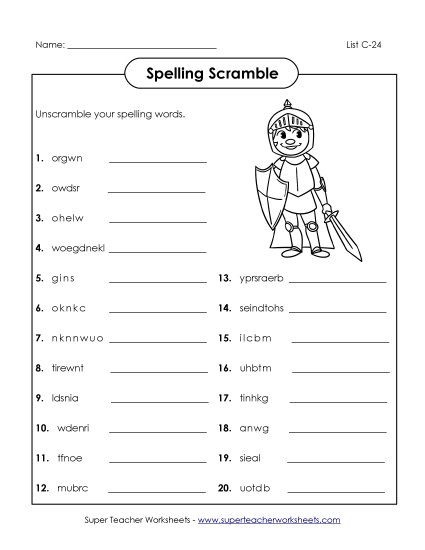 Unscramble the Spelling Words (C-24)  Spelling C Worksheet