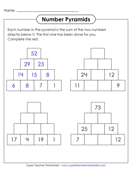 New 4-Row Number Pyramids Worksheet