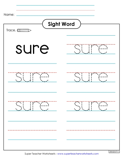Trace the Word: Sure Sight Words Individual Worksheet