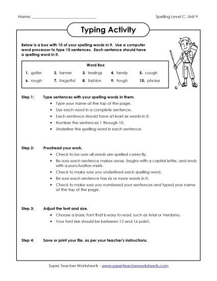 Typing Sentences (C-9)  Spelling C Worksheet